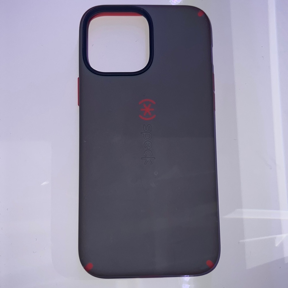 Speck case for iPhone 13 Pro Max and 12 Pro Max, color grey and red.
